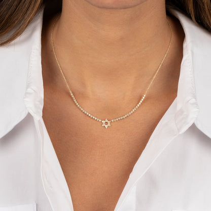 Diamond Star Of David Half Tennis Necklace 14K