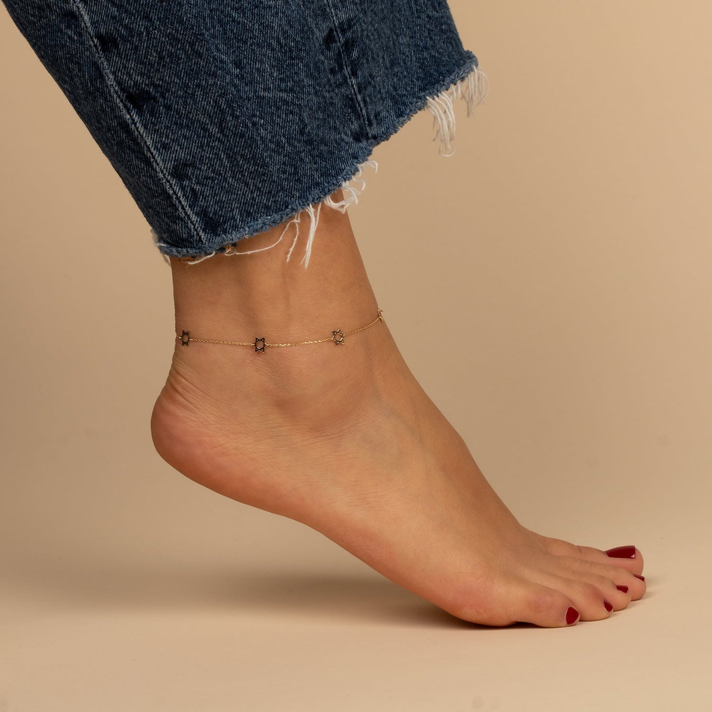 Solid Multi Star Of David Anklet 14K