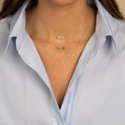 Diamond Pave Bubble Outline Hebrew 'Mom' Necklace 14K