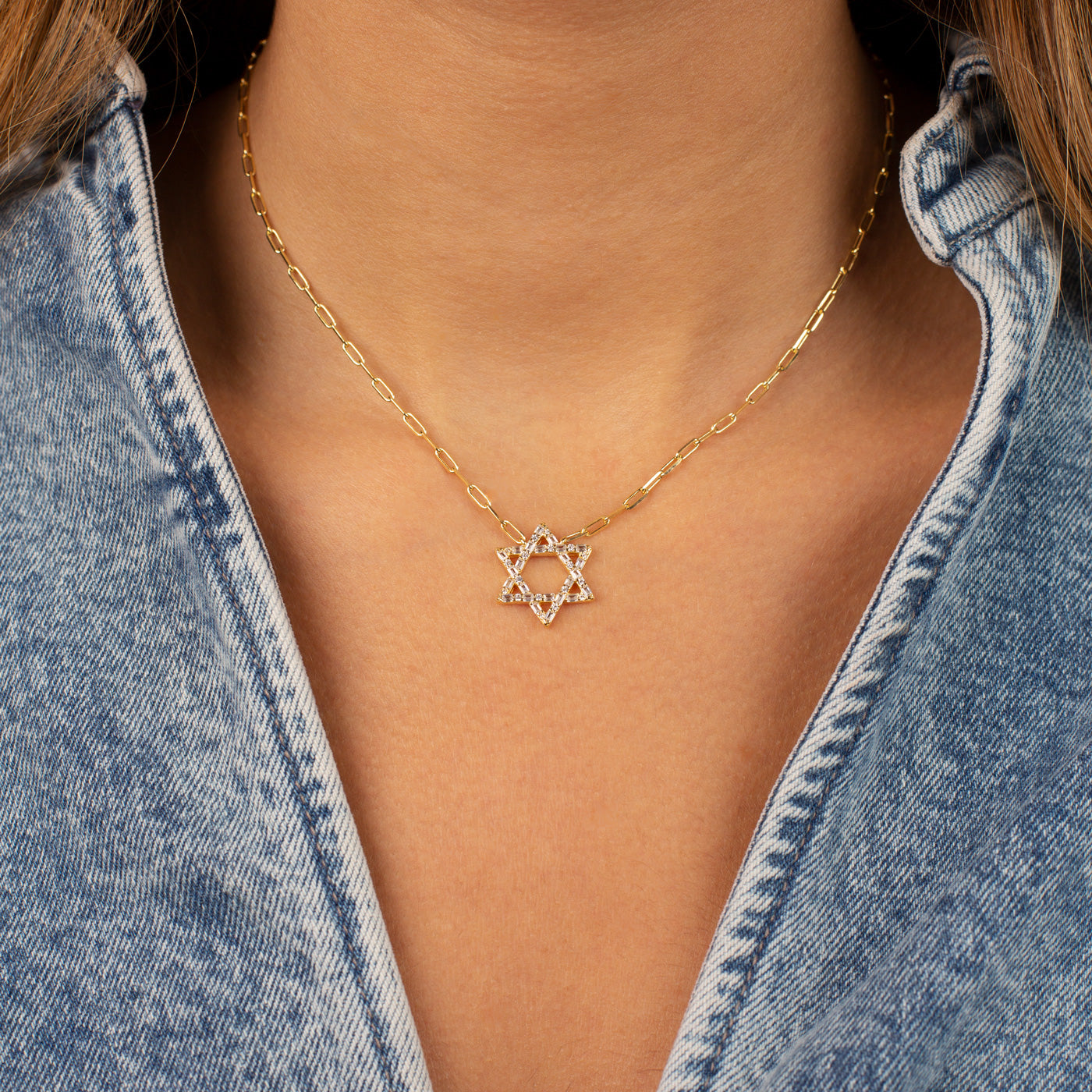 CZ Solitaire X Baguette Star of David Necklace