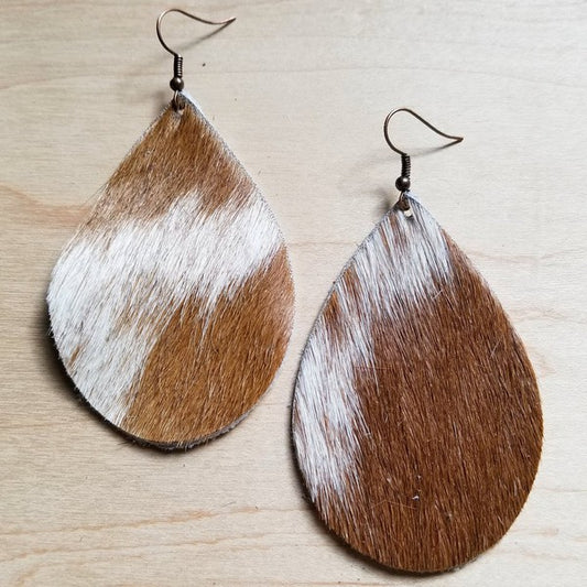 Leather Teardrop Earrings Tan and White Hair