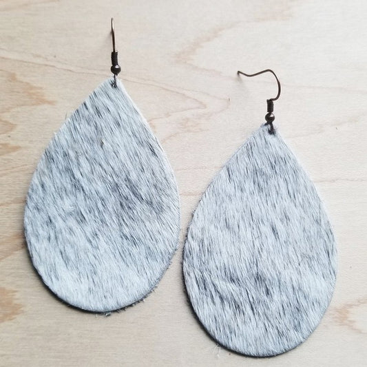 Leather Teardrop Earrings in White and Gray Hair