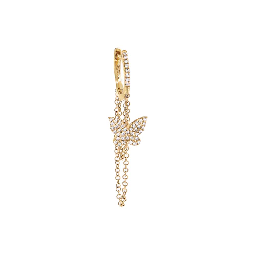 Diamond Pavé Butterfly Chain Drop Huggie Earring 14K