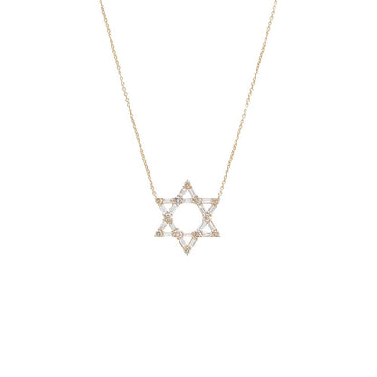 Diamond Baguette X Solitaire Large Star Of David Necklace 14K