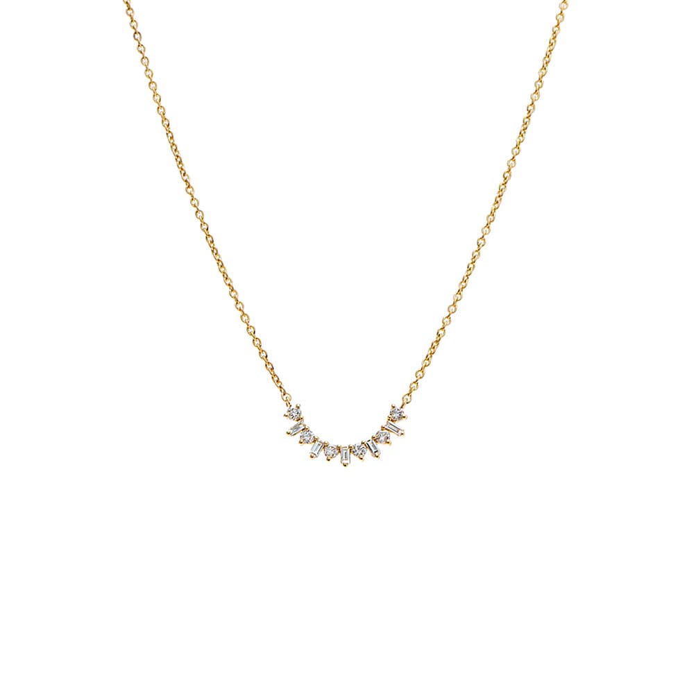 Diamond Baguette X Solitaire Curved Bar Necklace 14K