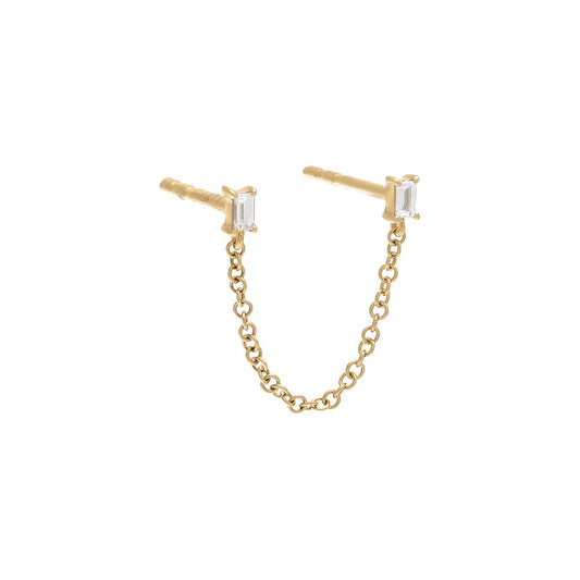 Diamond Double Baguette Chain Stud Earring 14K