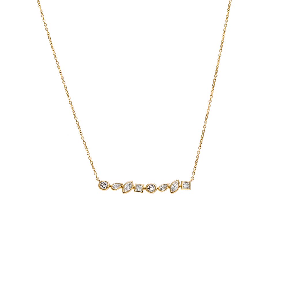 Diamond Bezel Multi Shape Bar Pendant Necklace 14K