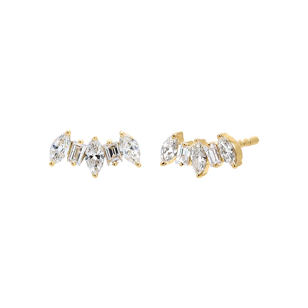 Diamond Marquise X Baguette Curved Stud Earring 14K