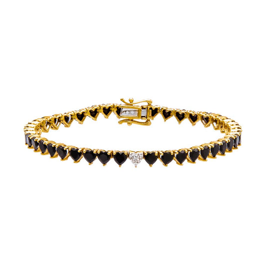 Diamond Pave Accented Onyx Heart Tennis Bracelet 14K