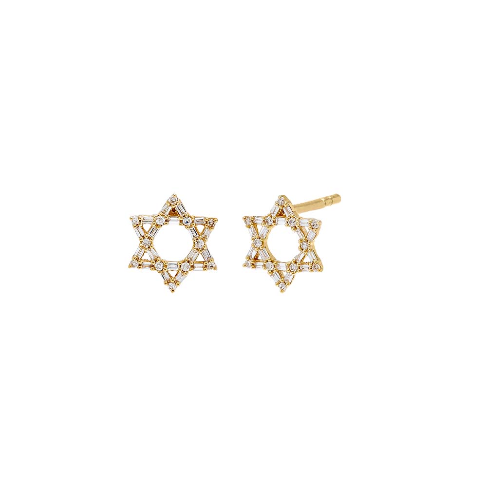 Diamond Solitaire X Baguette Star of David Stud Earring 14K