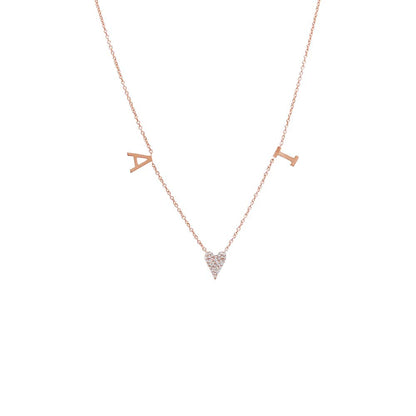 Diamond Pave Heart X Double Initial Necklace 14K