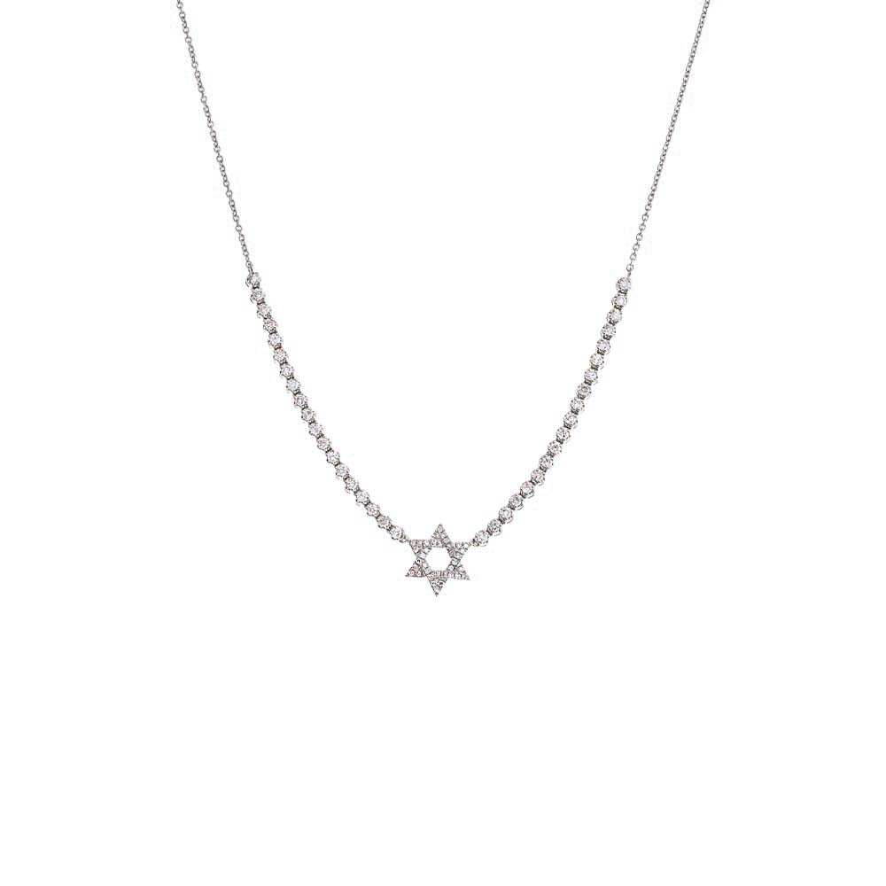 Diamond Star Of David Half Tennis Necklace 14K