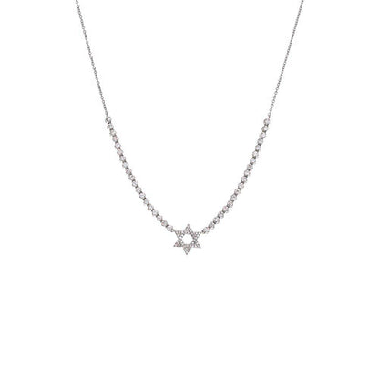 Diamond Star Of David Half Tennis Necklace 14K