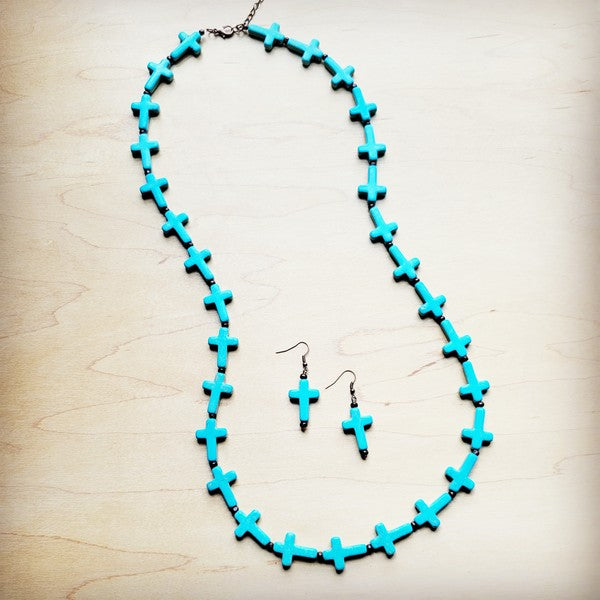 Blue Turquoise & Wood Beaded Cross Necklace