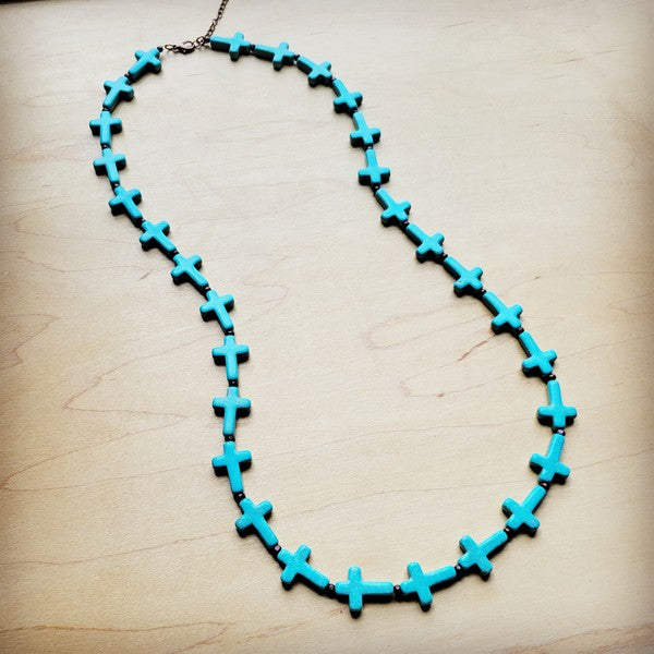 Blue Turquoise & Wood Beaded Cross Necklace