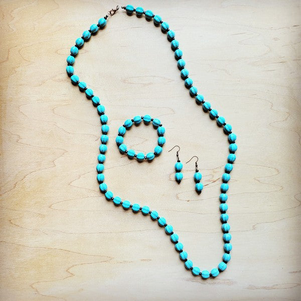 Blue Turquoise & Wood Melon Beaded Necklace