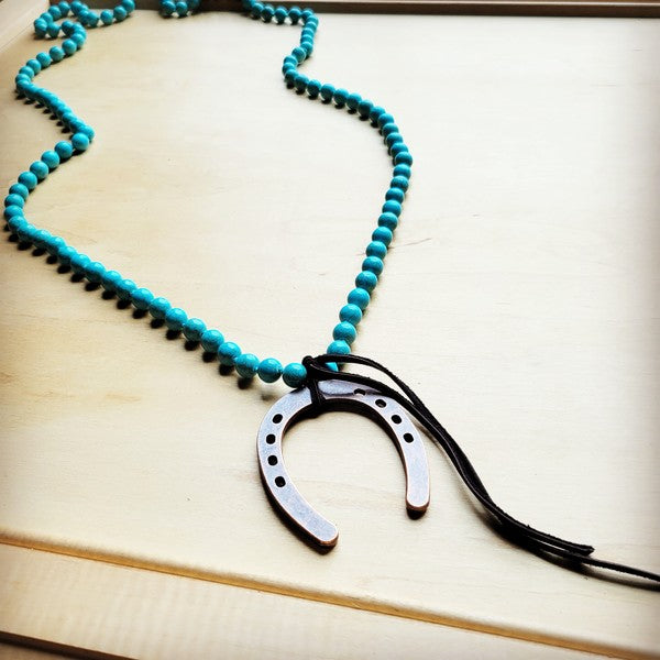 Long Turquoise Beaded Necklace & Copper Horse Shoe