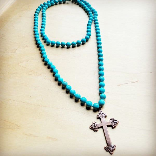 Long Turquoise Beaded Necklace w/ Copper Cross