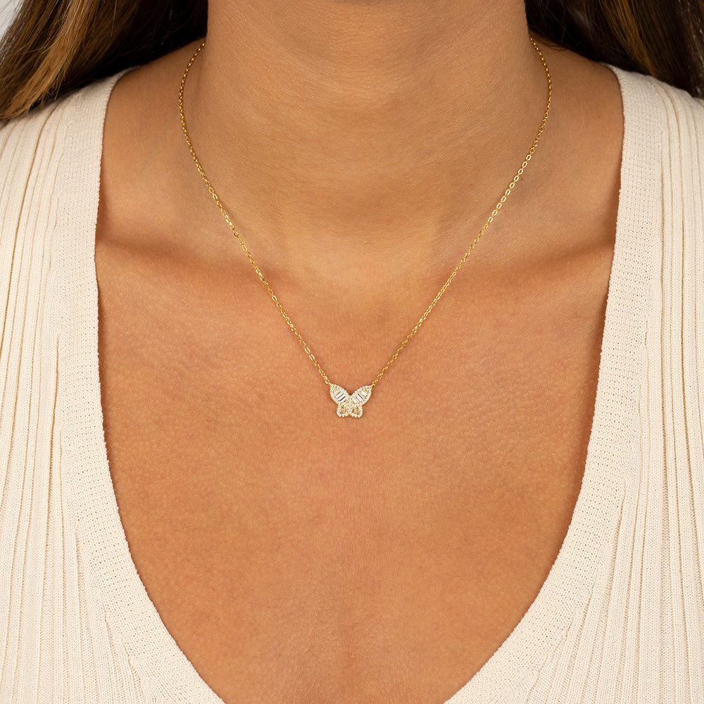 Small Pavé X Baguette Butterfly Necklace