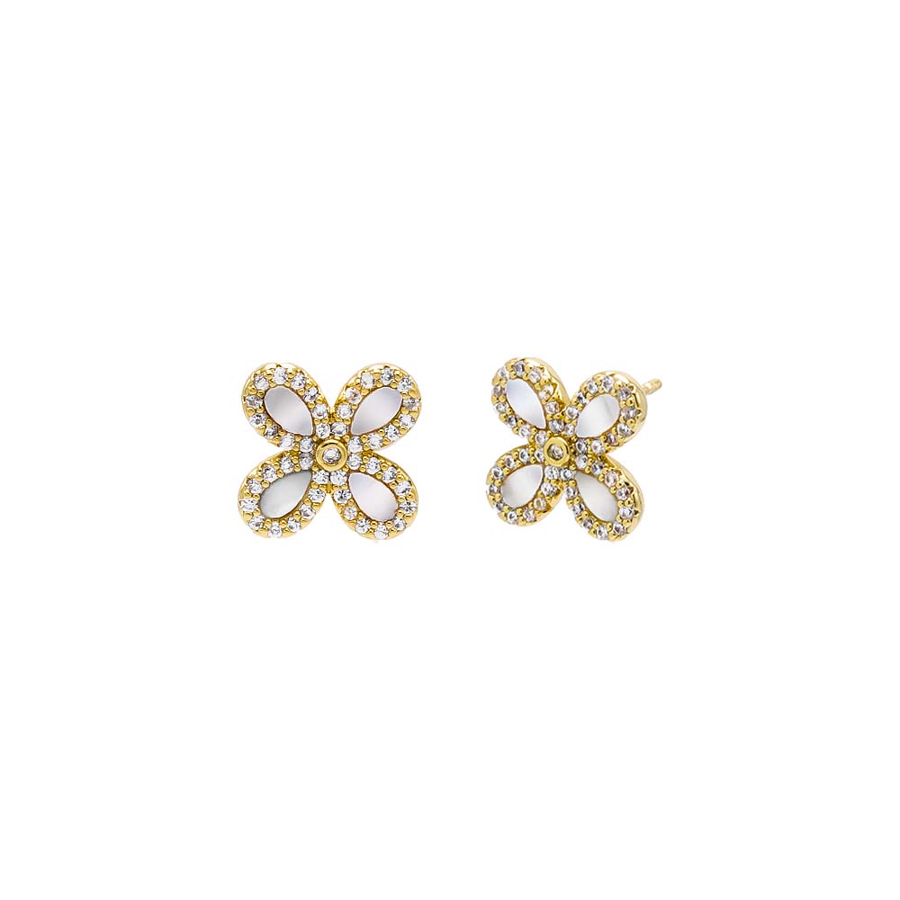 Pave Outline Stone Four Leaf Flower Stud Earring