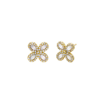 Pave Outline Stone Four Leaf Flower Stud Earring