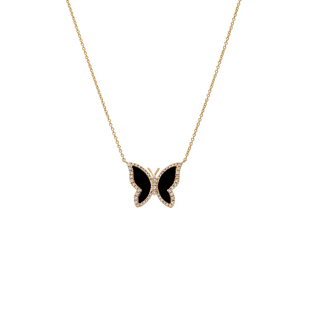 Pavé Diamond Outline Stone Butterfly Necklace 14K