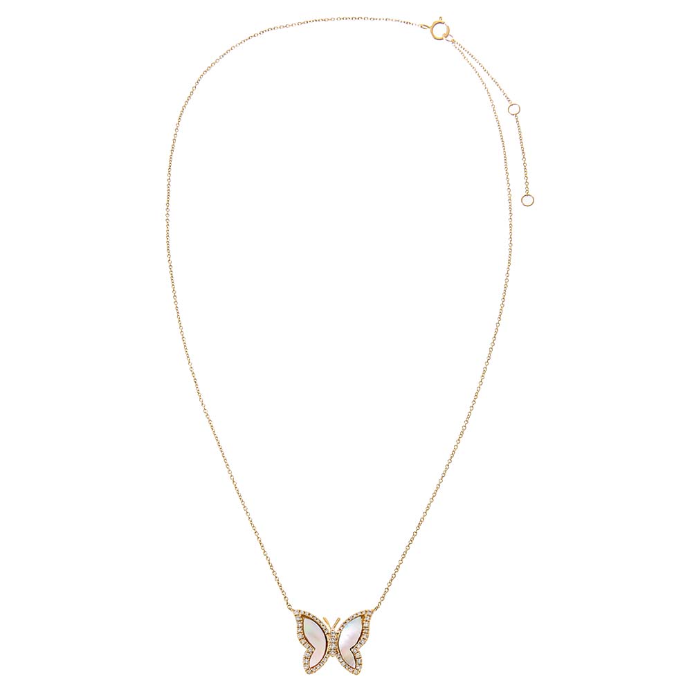 Pavé Diamond Outline Stone Butterfly Necklace 14K