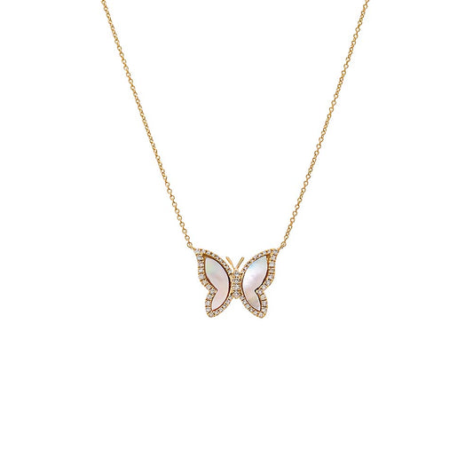 Pavé Diamond Outline Stone Butterfly Necklace 14K