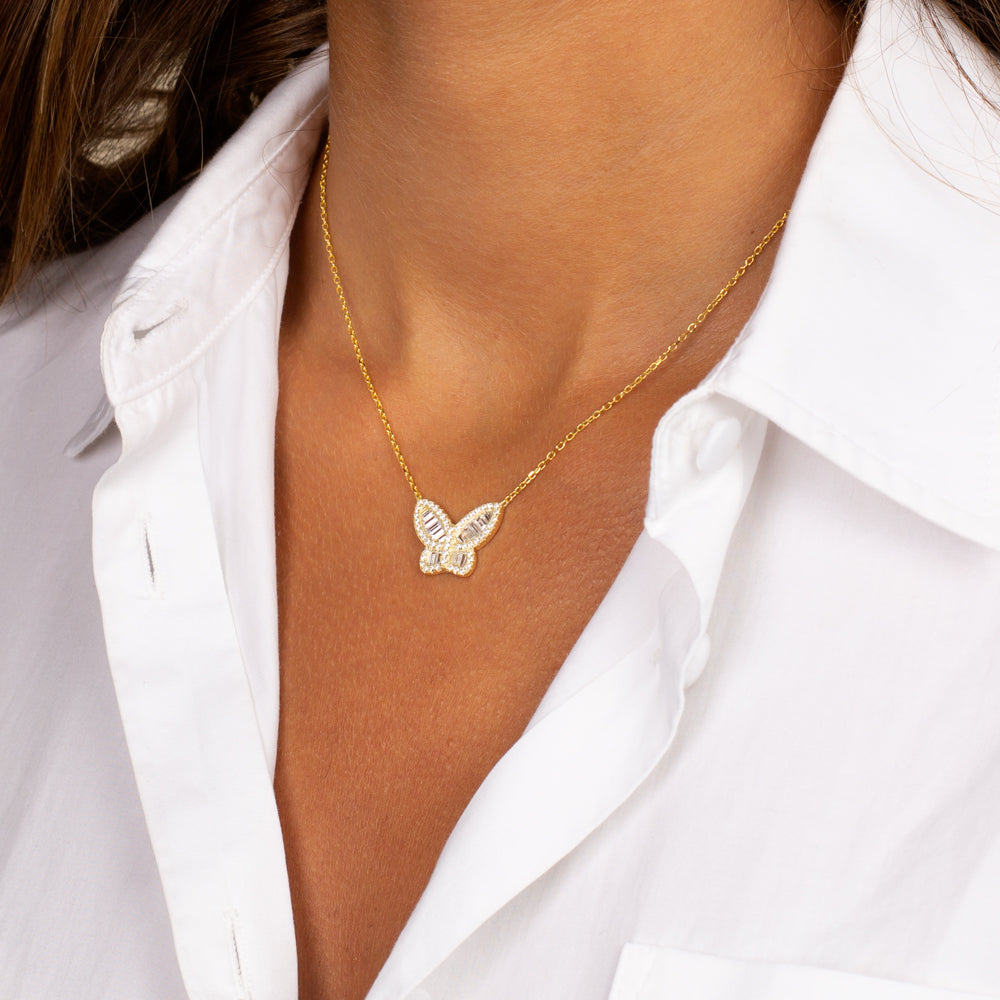 Large Pavé X Baguette Butterfly Necklace