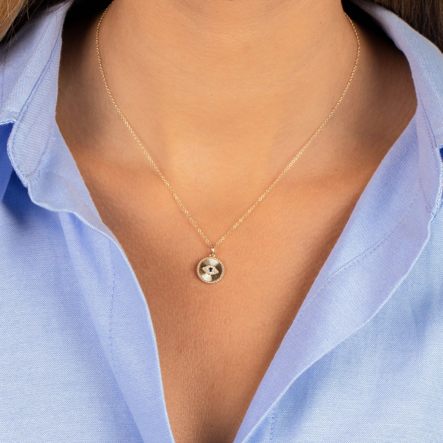 Diamond Evil Eye Disc Pendant Necklace 14K